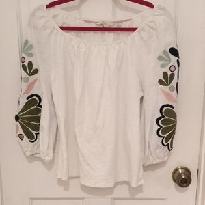 Boden White Blouse with Colorful Sleeve Embroidery